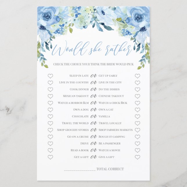Papier Blue floral Voudrait-elle plutôt bridla douche jeu (Devant)