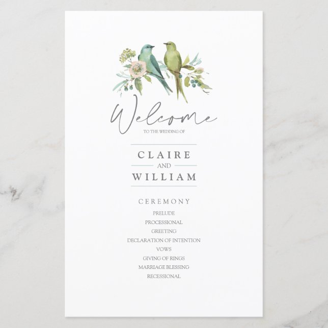 Papier Blue Green Birds Floral Aquarelle Mariage (Devant)