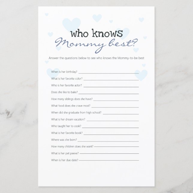 Papier Blue Hearts Qui Connaît Maman Meilleur Baby shower (Devant)