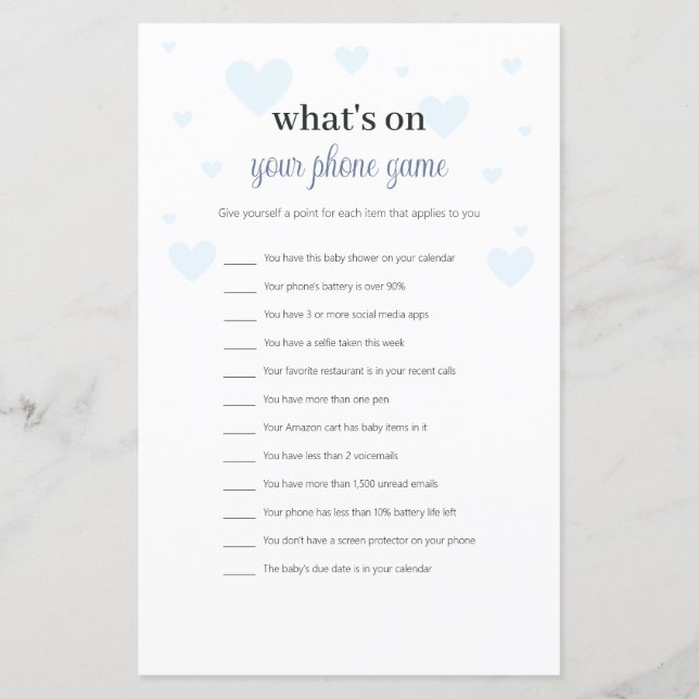 Papier Blue Hearts What's on Your Phone Baby shower Game (Devant)