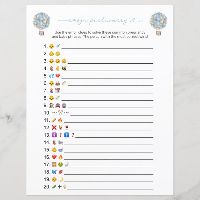 Papier Blue Hot Air Balloon Emoji Baby shower Jeu (Devant)