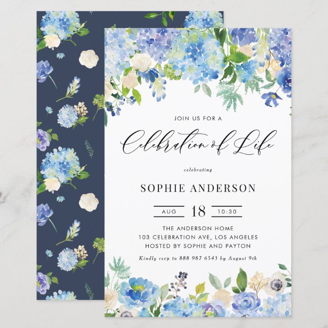 Papier Blue Hydrangea et Rose Celebration of Life invitat (Devant / Derrière)