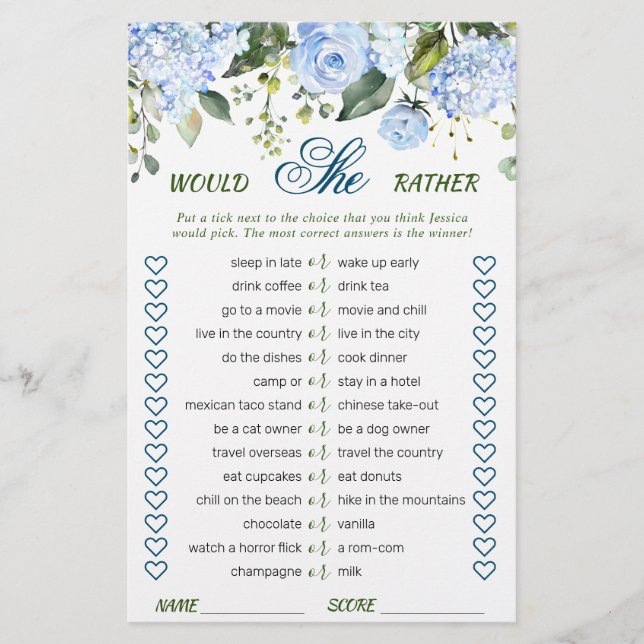 Papier Blue Hydrangea Green Fête des mariées Jeu (Devant)