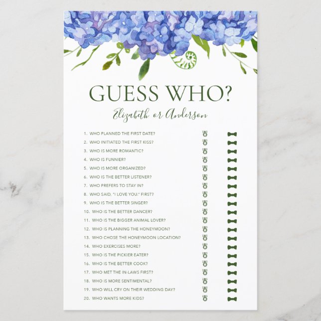 Papier Blue Hydrangeas Devinez Qui Fête des mariées Jeu (Devant)