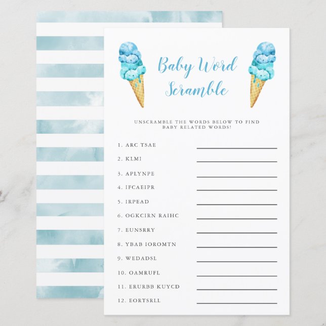 Papier Blue Ice Cream Baby Word Scramble Jeu (Devant / Derrière)