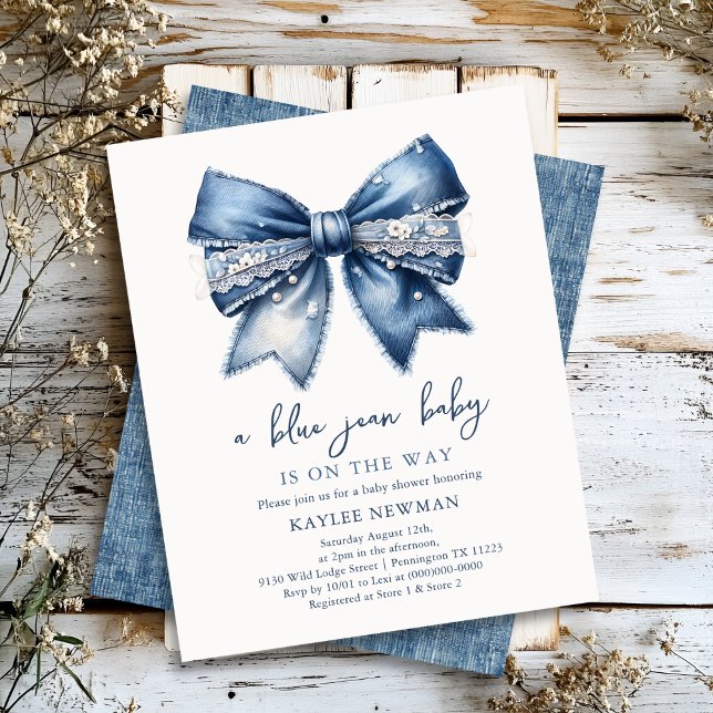 Papier Blue Jean Denim Bow Baby shower Invitation (Créateur téléchargé)