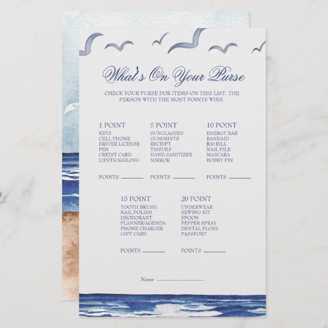 Papier Blue Nautical Coastal Sea Whats on Your Purse Game (Devant / Derrière)