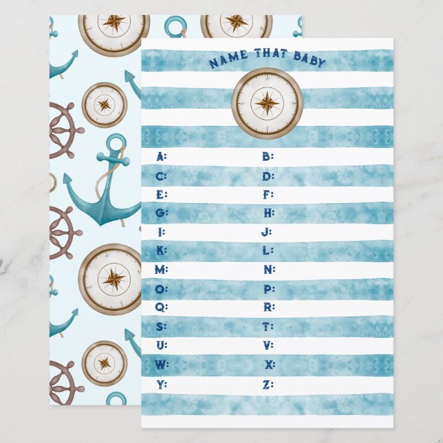 Papier Blue Nautical Sailor Baby shower Nom Ce Bébé (Devant / Derrière)
