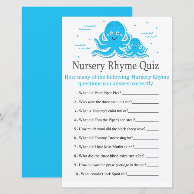 Papier Blue Octopus Nursery Rhyme Quiz jeu de baby shower (Devant / Derrière)