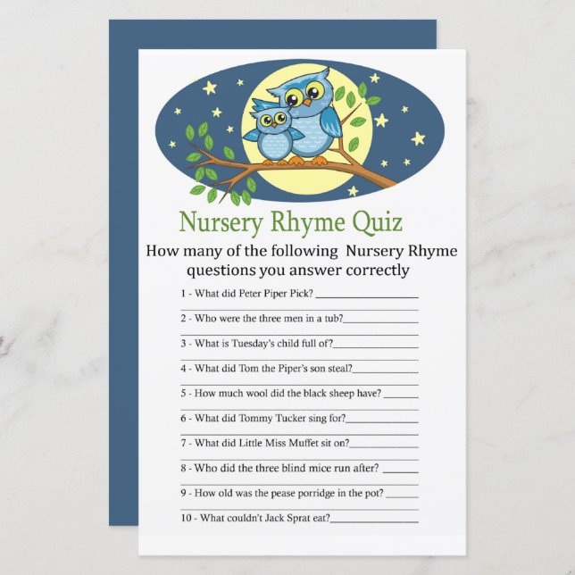 Papier Blue Owsery Rhyme Quiz jeu de baby shower (Devant / Derrière)