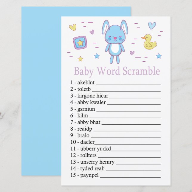 Papier Blue Rabbit Baby jeu de brouillage de mot de lapin (Devant / Derrière)