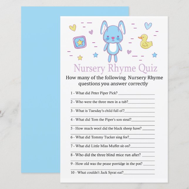 Papier Blue Rabbit Nursery Rhyme Quiz jeu de baby shower (Devant / Derrière)