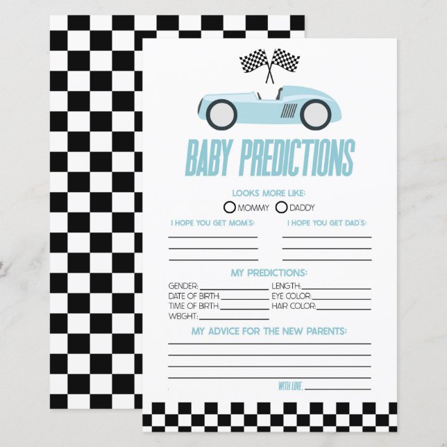 Papier Blue Race Car Baby shower Prédictions Jeu (Devant / Derrière)