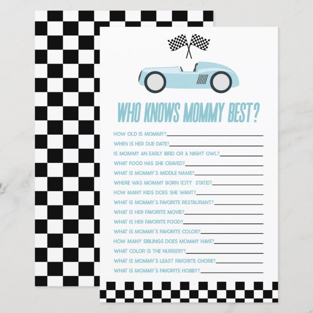 Papier Blue Race Car Qui Connaît Maman Baby shower Jeu (Devant / Derrière)
