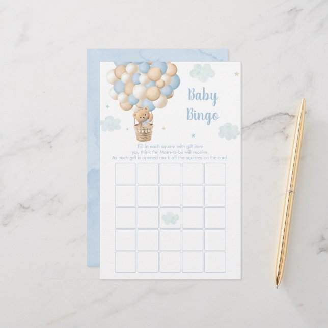 Papier Blue Teddy Balloons Baby Shower Bingo Game (Devant/Arrière en situation)