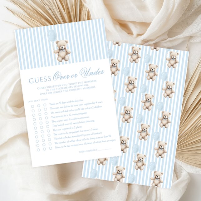 Papier Blue Teddy Bear Bow Baby Shower Over or Under Game (Créateur téléchargé)