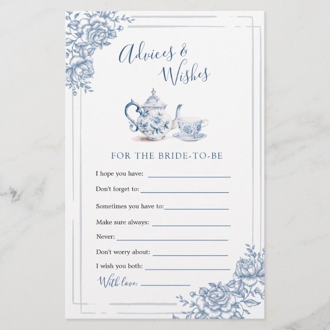 Papier Blue Victorian Garden Bridal Tea Conseils et souha (Devant)