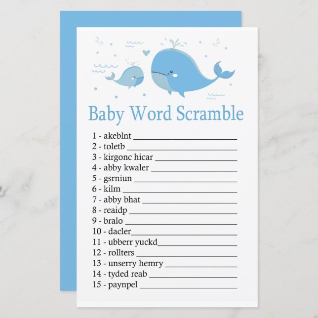 Papier Blue Whale Baby mot scramble jeu (Devant / Derrière)