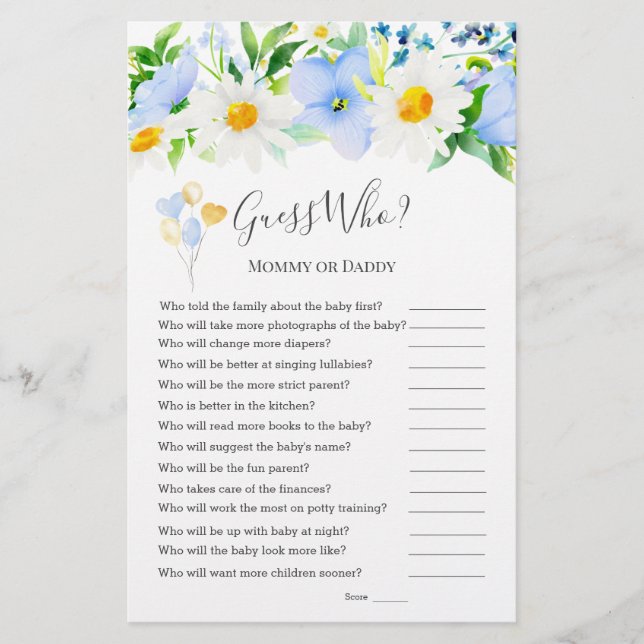 Papier Blue White Floral Devinez Qui Baby shower Jeux (Devant)