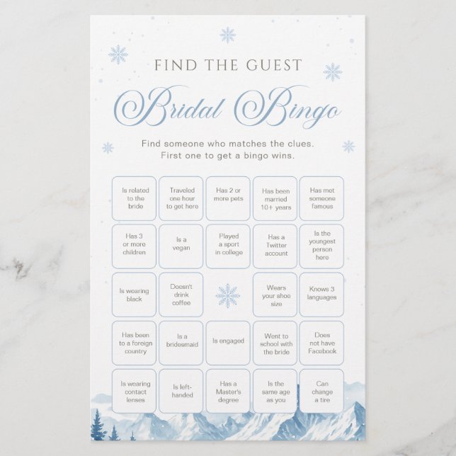 Papier Blue Winter Bridal Shower Bingo Game (Devant)