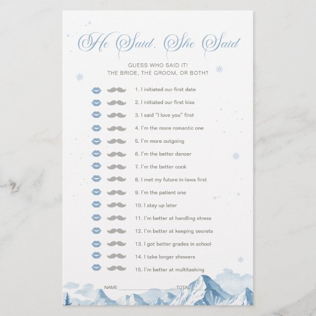 Papier Blue Winter Bridal Shower He Said She Said Game (Devant)