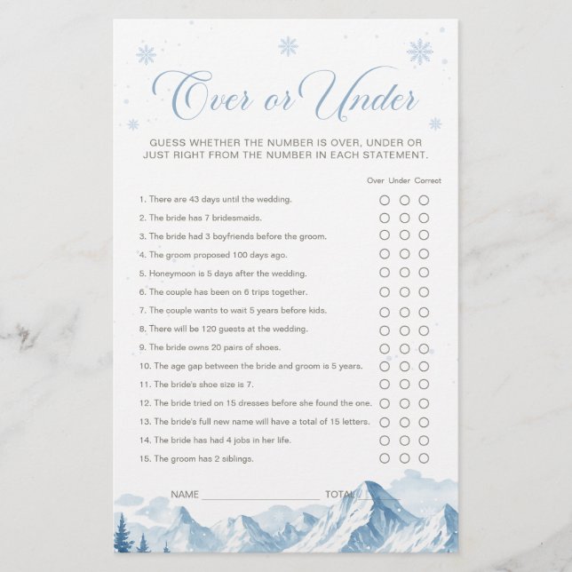 Papier Blue Winter Bridal Shower Over or Under Game (Devant)