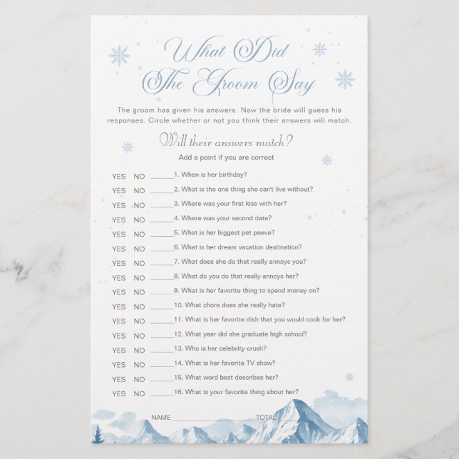 Papier Blue Winter Bridal Shower What Did the Groom Say  (Devant)