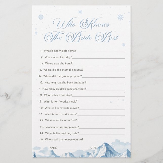 Papier Blue Winter Bridal Shower Who Knows the Bride Best (Devant)