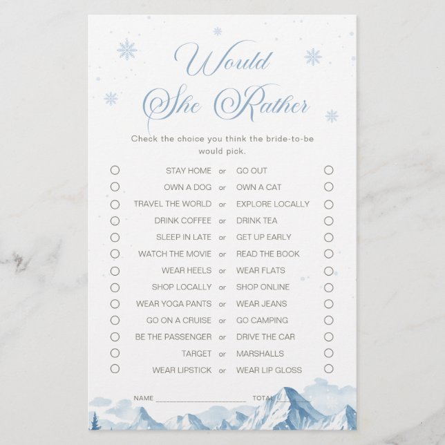 Papier Blue Winter Bridal Shower Would She Rather Game (Devant)