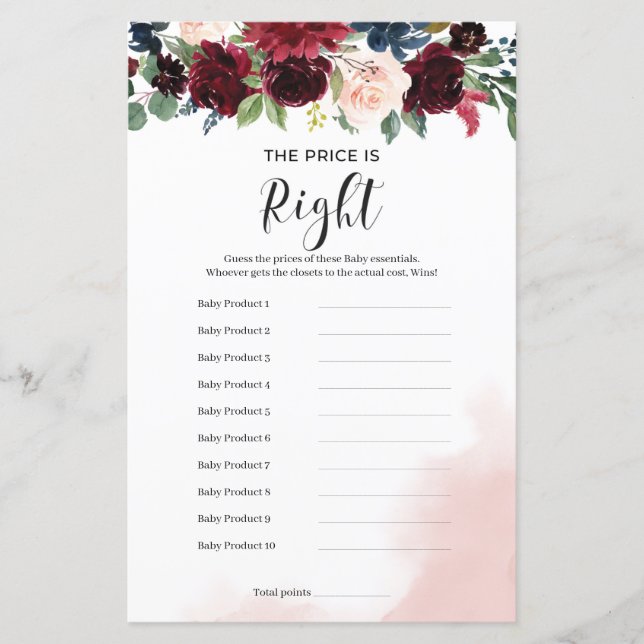 Papier Blush burgundy marine floral le prix est le bon je (Devant)