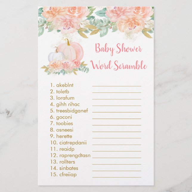 Papier Blush Citrouille Floral Baby Word Scramble Jeu (Devant)