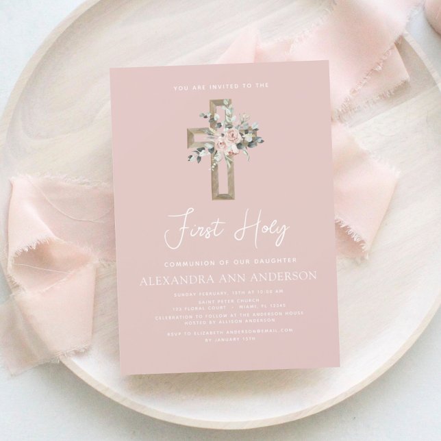Papier Blush Pink First Holy Communion Invitation florale (Créateur téléchargé)