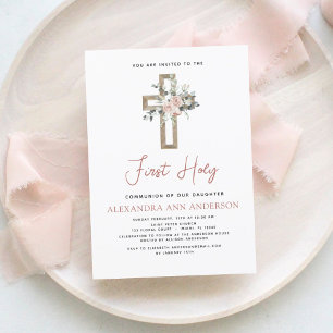 Papier Blush Pink First Holy Communion Invitation florale