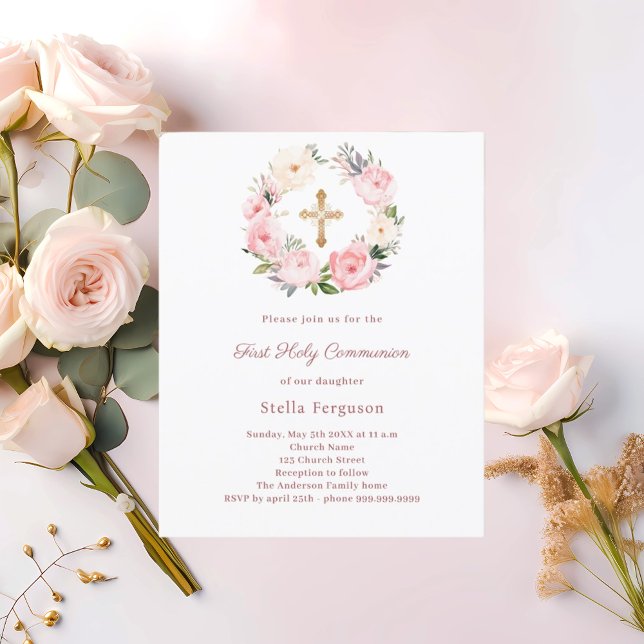 Papier Blush pink floral cross First Communion invitation (Créateur téléchargé)