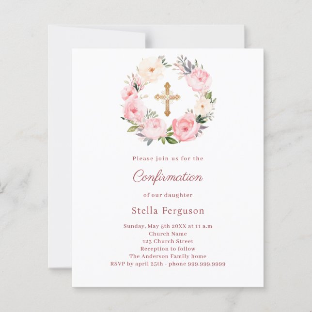 Papier Blush pink florals cross Confirmation invitation (Devant)