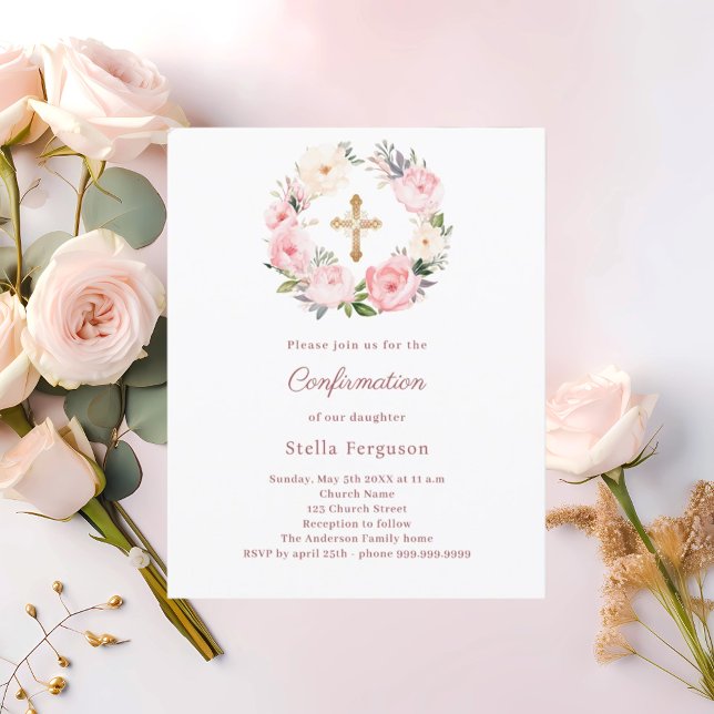 Papier Blush pink florals cross Confirmation invitation (Créateur téléchargé)
