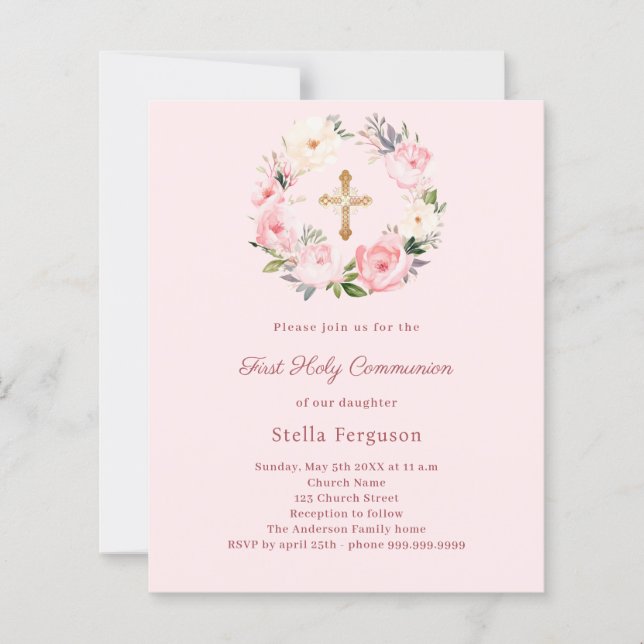 Papier Blush pink florals cross First Communion (Devant)