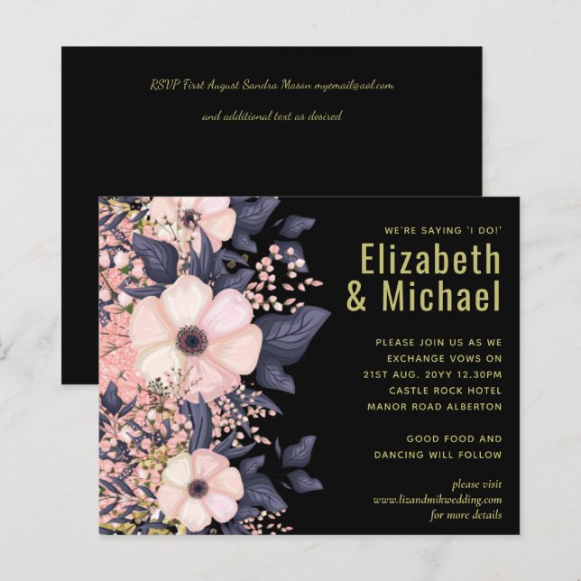 Papier Blush Rose Dusty Bleu Noir Mariage Budget Floral (Devant / Derrière)