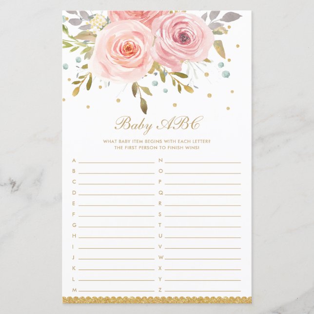 Papier Blush rose Floral Baby ABC Fun Baby shower Jeu (Devant)