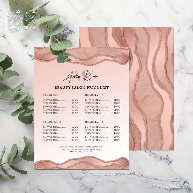Papier Blush Rose Gold Agate Beauté Salon Tarifs (Créateur téléchargé)