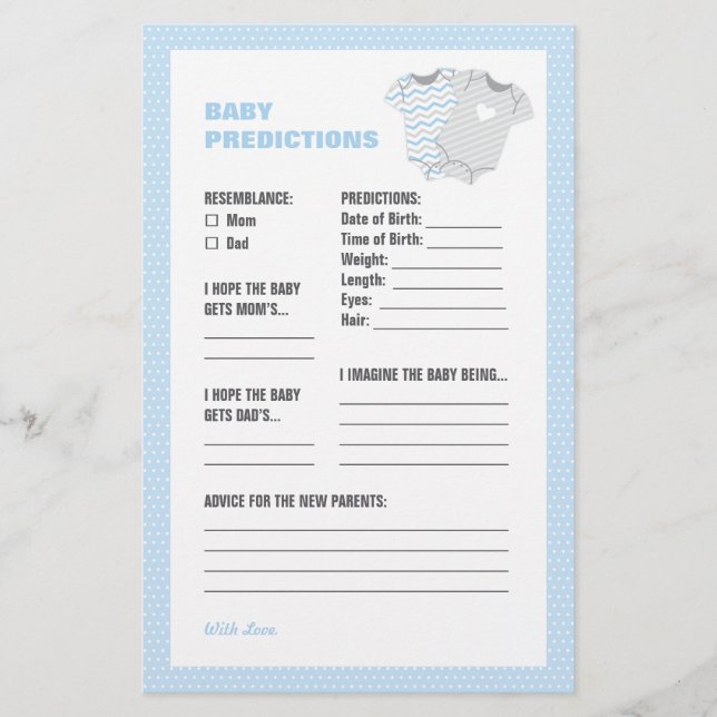 Papier Bodysuit Baby shower Baby Predictions Card - bleu (Devant)