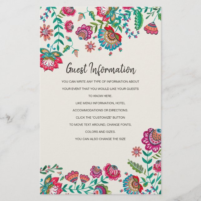 Papier Bohème rouge vert folk Flowers Informations client (Devant)