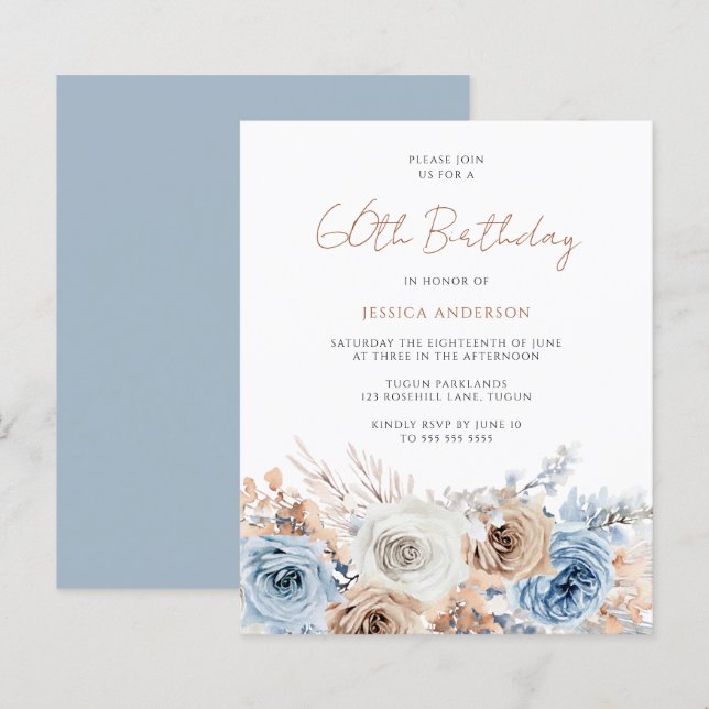 Papier Boho Blue Floral Budget 60e Invitation anniversair (Devant / Derrière)
