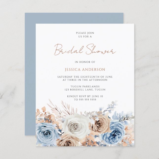 Papier Boho Blue Floral Budget Nuptiale Douche Invitation (Devant / Derrière)