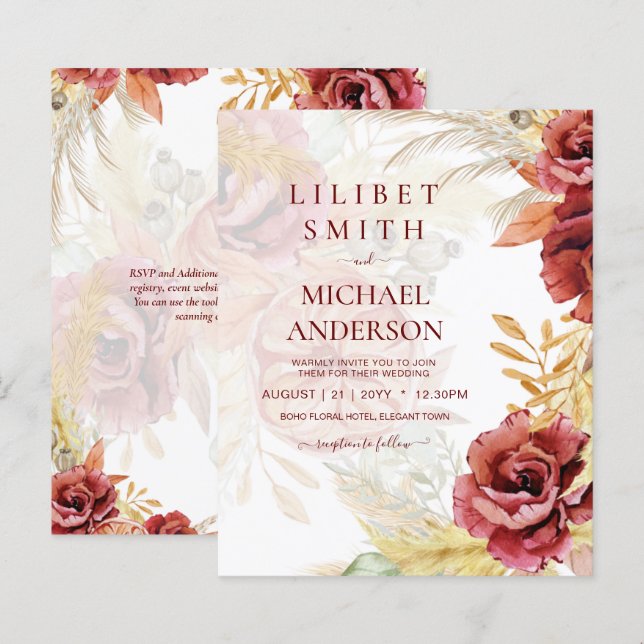 Papier BOHO Bourgogne Rose Pampas Mariage (Devant / Derrière)