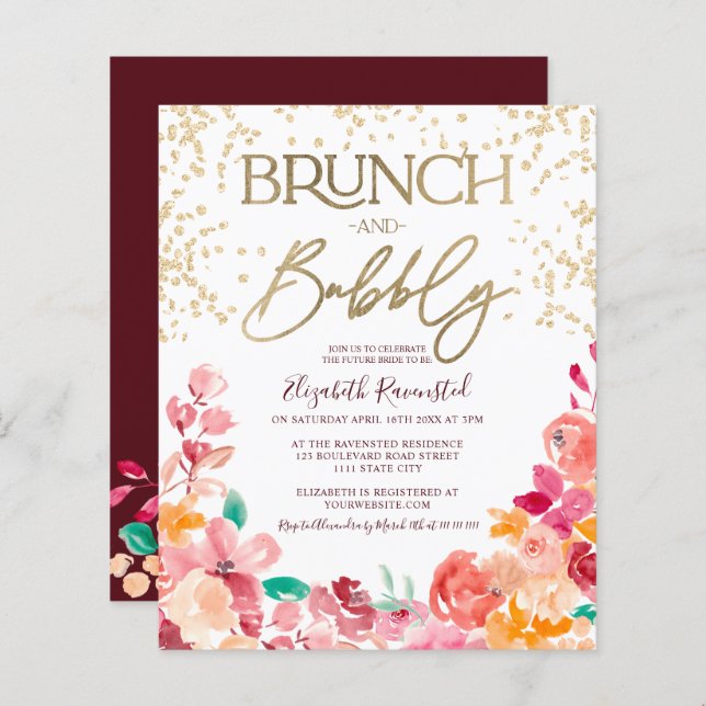 Papier Boho brunch floral bubbly budget de douche nuptial (Devant / Derrière)