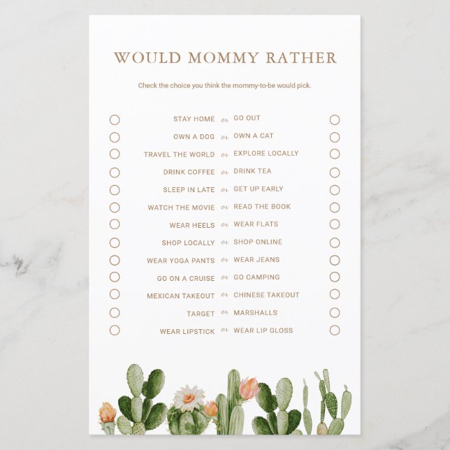 Papier Boho Cactus Baby shower Voudrait Maman Plutôt Jeu (Devant)