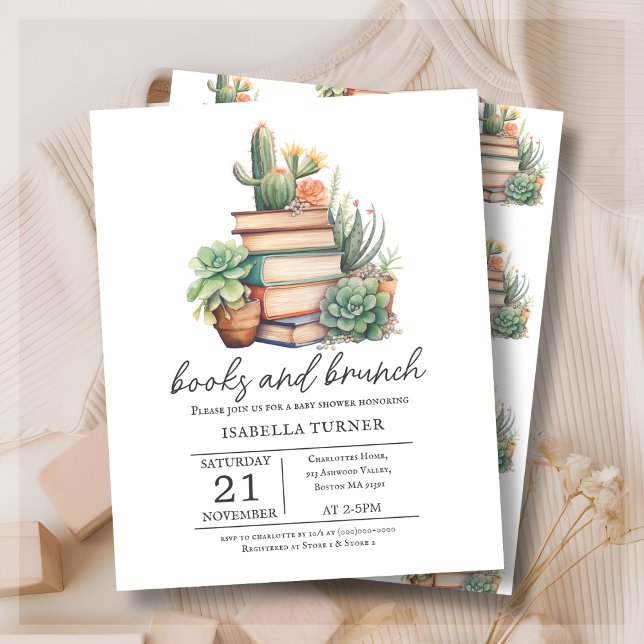 Papier Boho Cactus Livres & Brunch Baby shower Invitation (Créateur téléchargé)