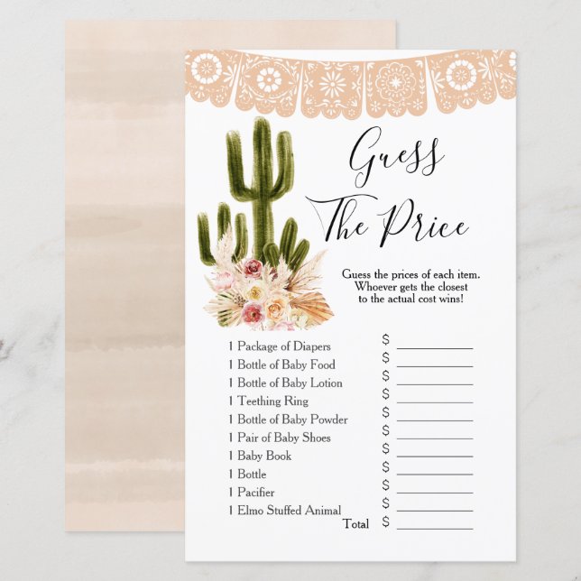Papier Boho Cactus Taco bout Love Devinez le prix Jeu (Devant / Derrière)