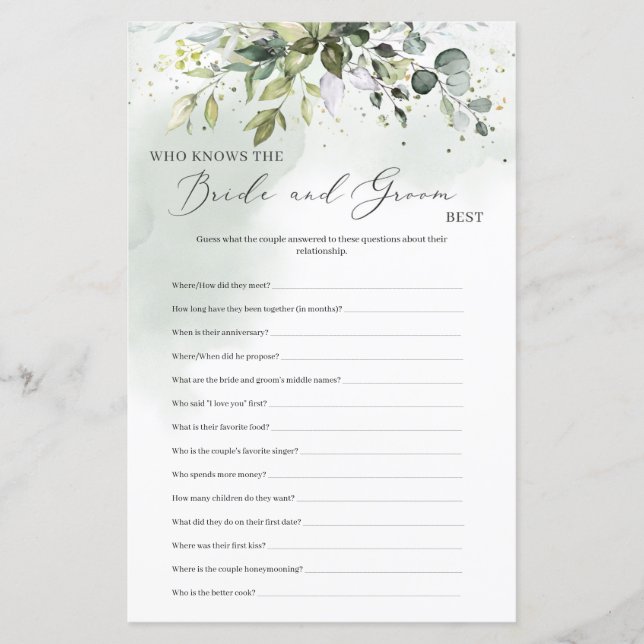 Papier Boho Eucalyptus qui connaît la mariée et le marié  (Devant)